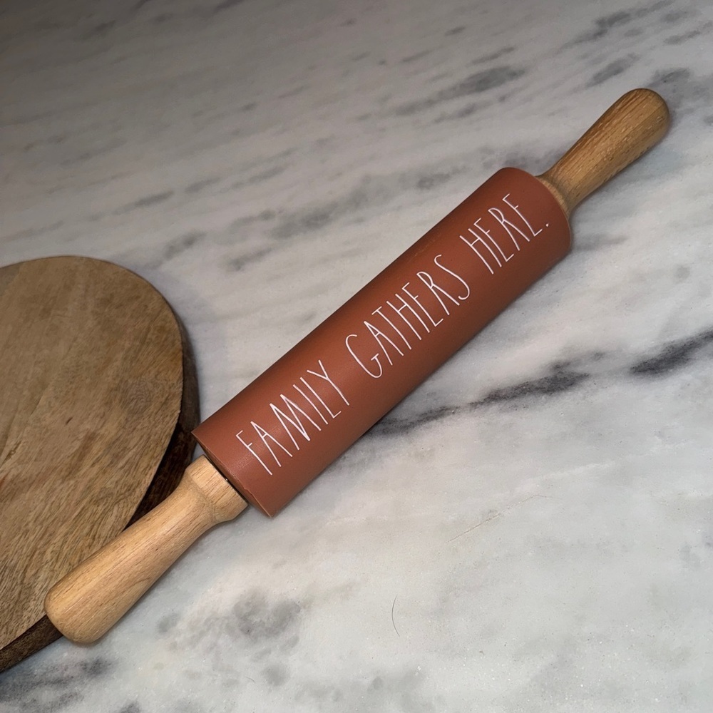 Rae Dunn Rolling Pin Terra-cotta Orange Family Gathers Here Thanksgiving 15in